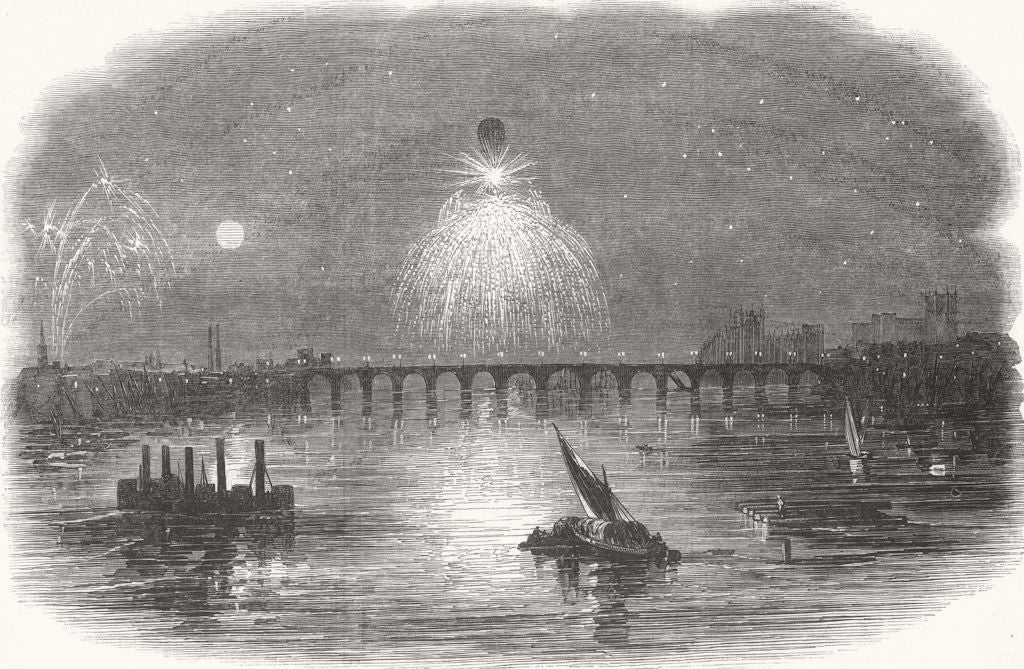 Display of fireworks, from Vauxhall Gardens, London 1847 old antique print